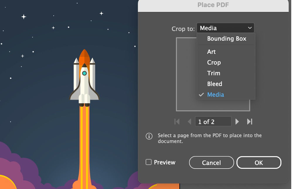 Illustrator's Place PDF dialog box showing page selection controls and crop options like Media, Trim, and Bleed with a rocket graphic in the background.








