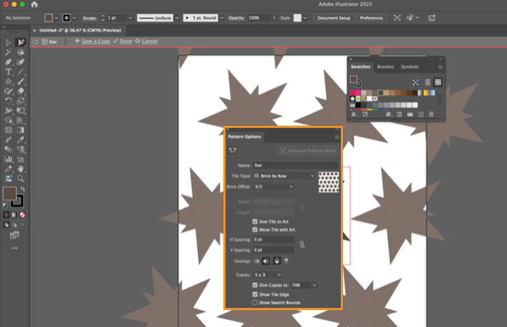 Illustrator workspace showing the Pattern Options panel with a repeating star pattern set to Brick by Row tiling and the Brick Offset set to 3/5. The Pattern Options panel is highlighted in orange, and the Swatches panel is visible.