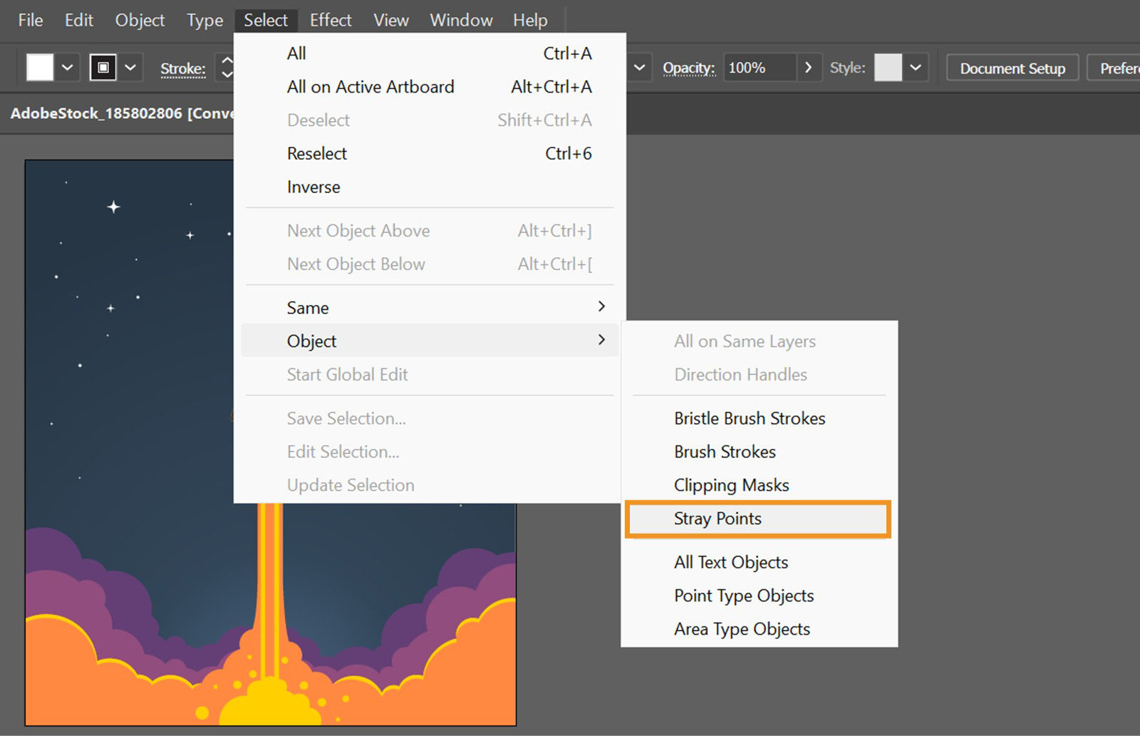 Illustrator workspace showing the Select > Object menu with "Stray Points" highlighted among other object-type selection options.