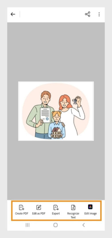 Bilde åpnet i Acrobat Android viser verktøylinje med alternativene: Opprett PDF, Rediger som PDF, Eksporter, Gjenkjenn tekst og Rediger bilde.
