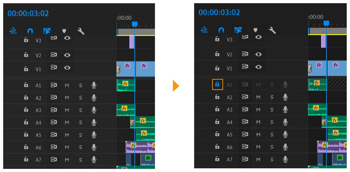 Image showcases before and after of the Timeline panel when track lock is enabled. 