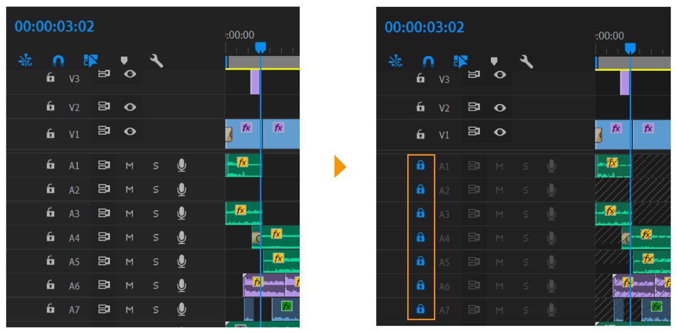The comparison overview image shows before and after of the Timeline panel, when track lock is enabled in multiple clips. 