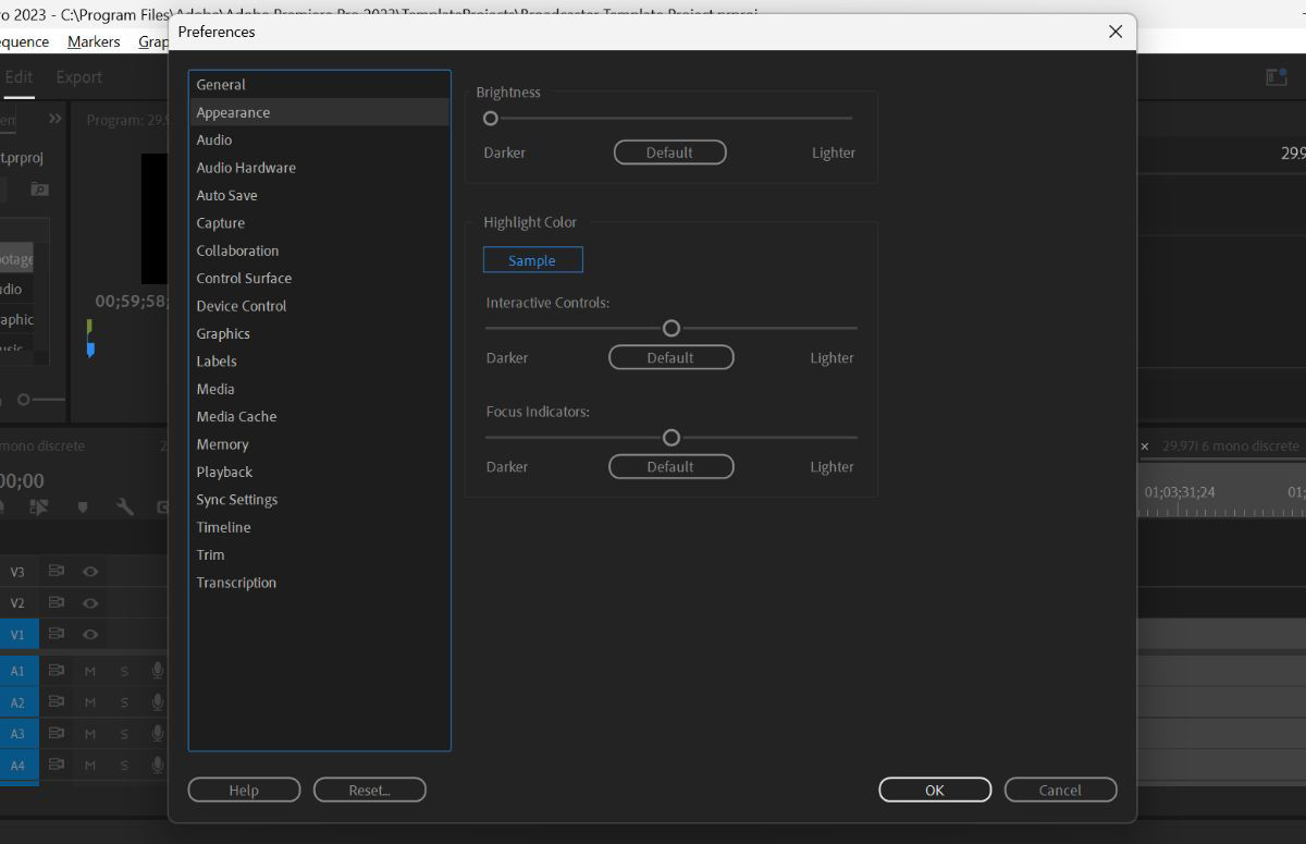 Image showing the Appearance preferences options within the Preferences panel.