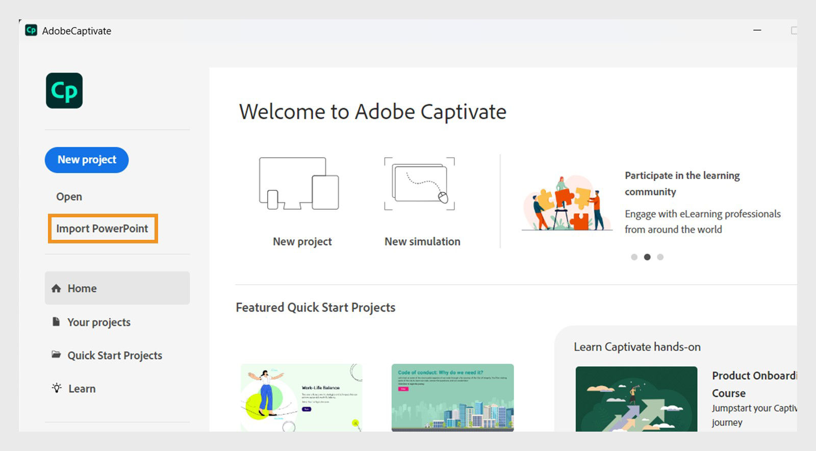 Adobe Captivate welcome screen showing Import PowerPoint option selected in the left menu.