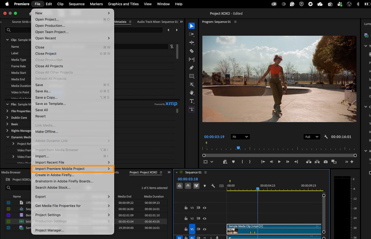 Premiere desktop File menu with Import Premiere Mobile Project highlighted.