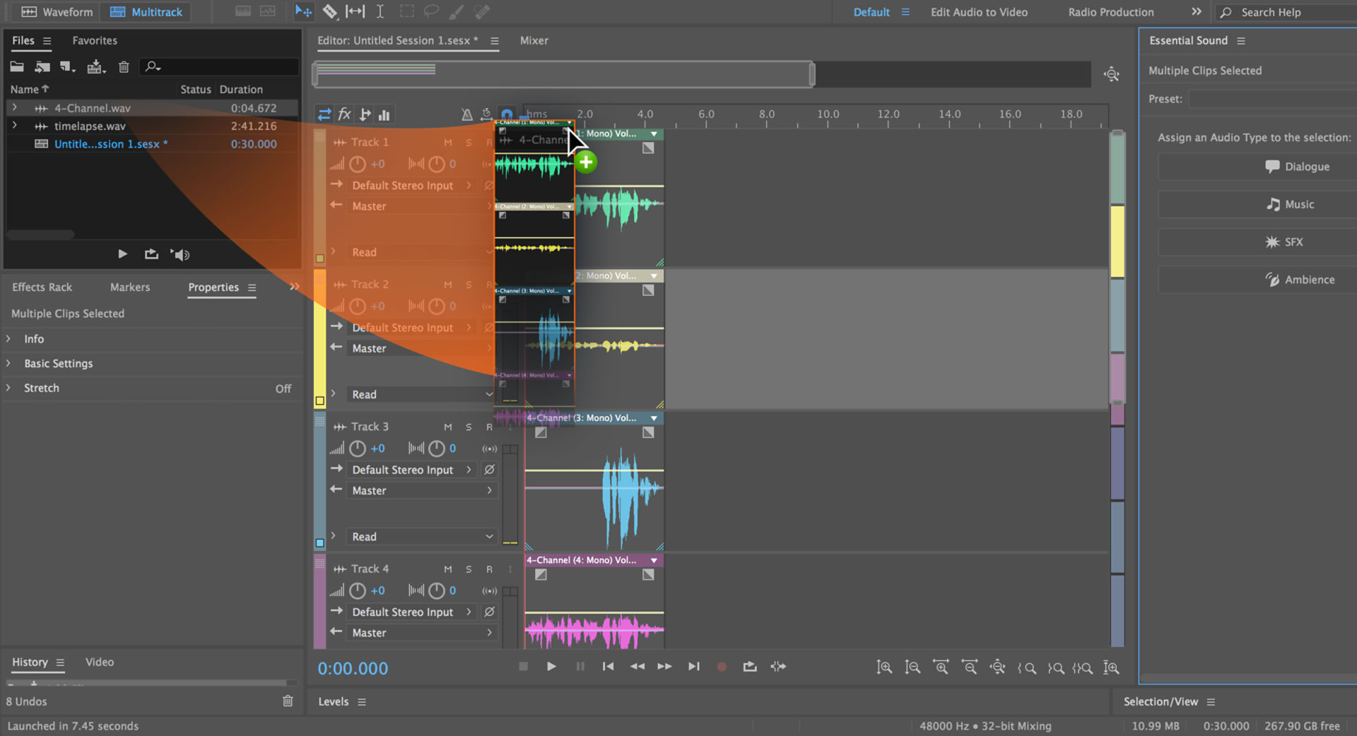 Importing audio to Multitrack Editor as different clips