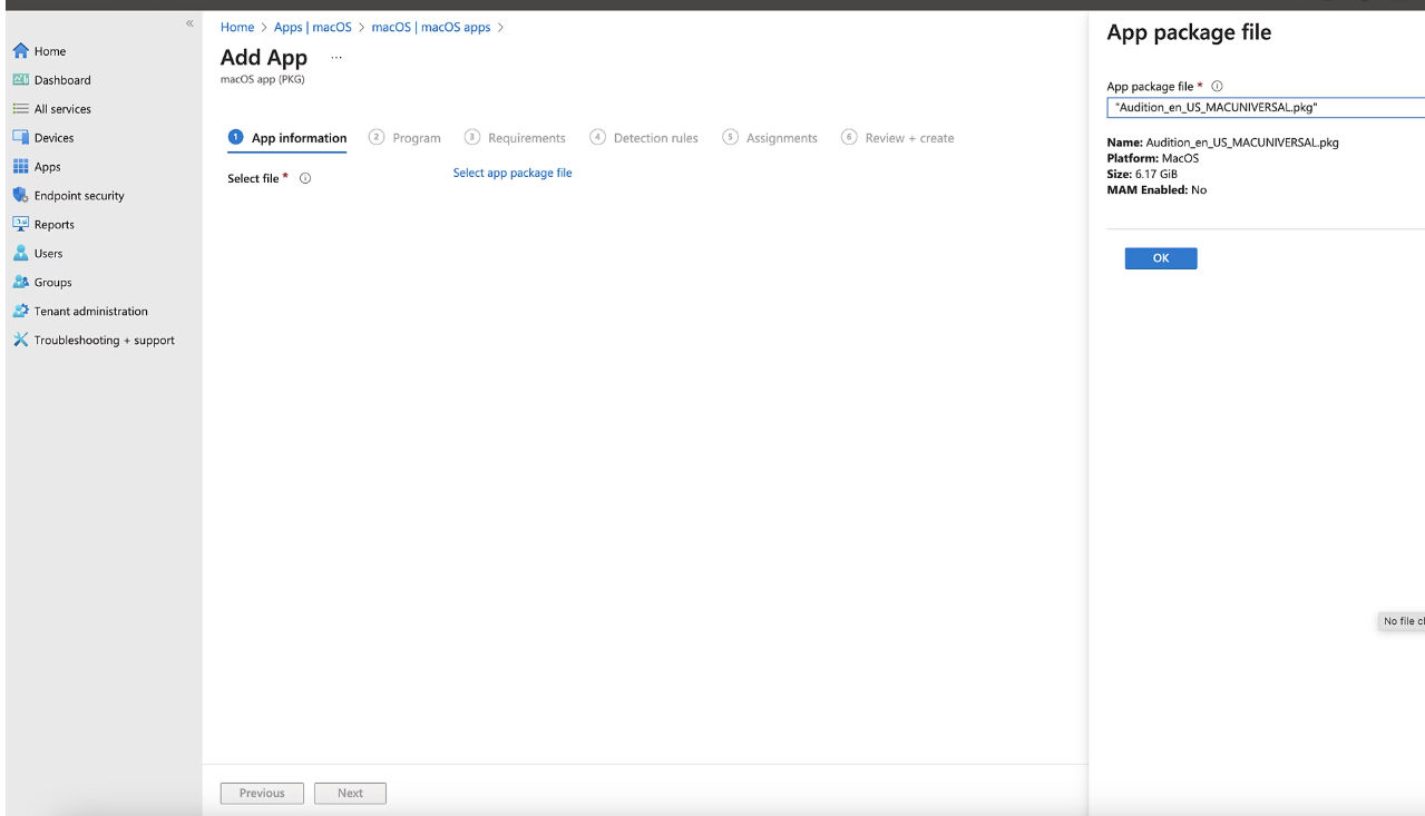 In the Add App screen, the App package file displays the option to add an attachment.