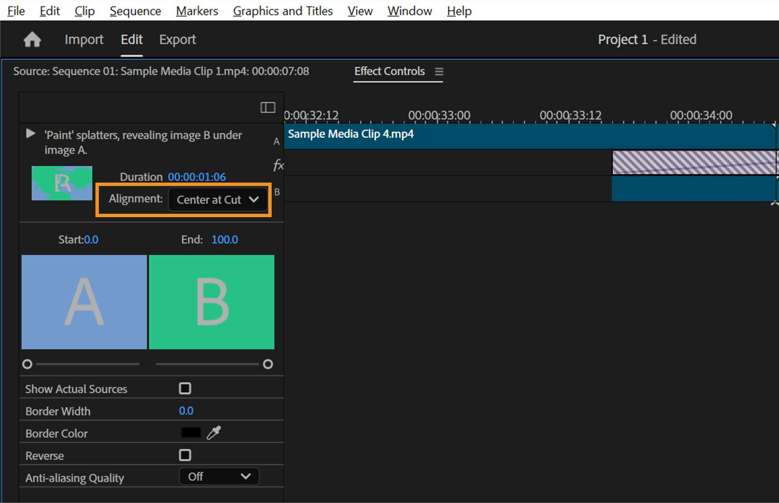 The Effects Controls panel is open, and the Alignment dropdown menu for the transition is highlighted, showing the current setting as Center at Cut.