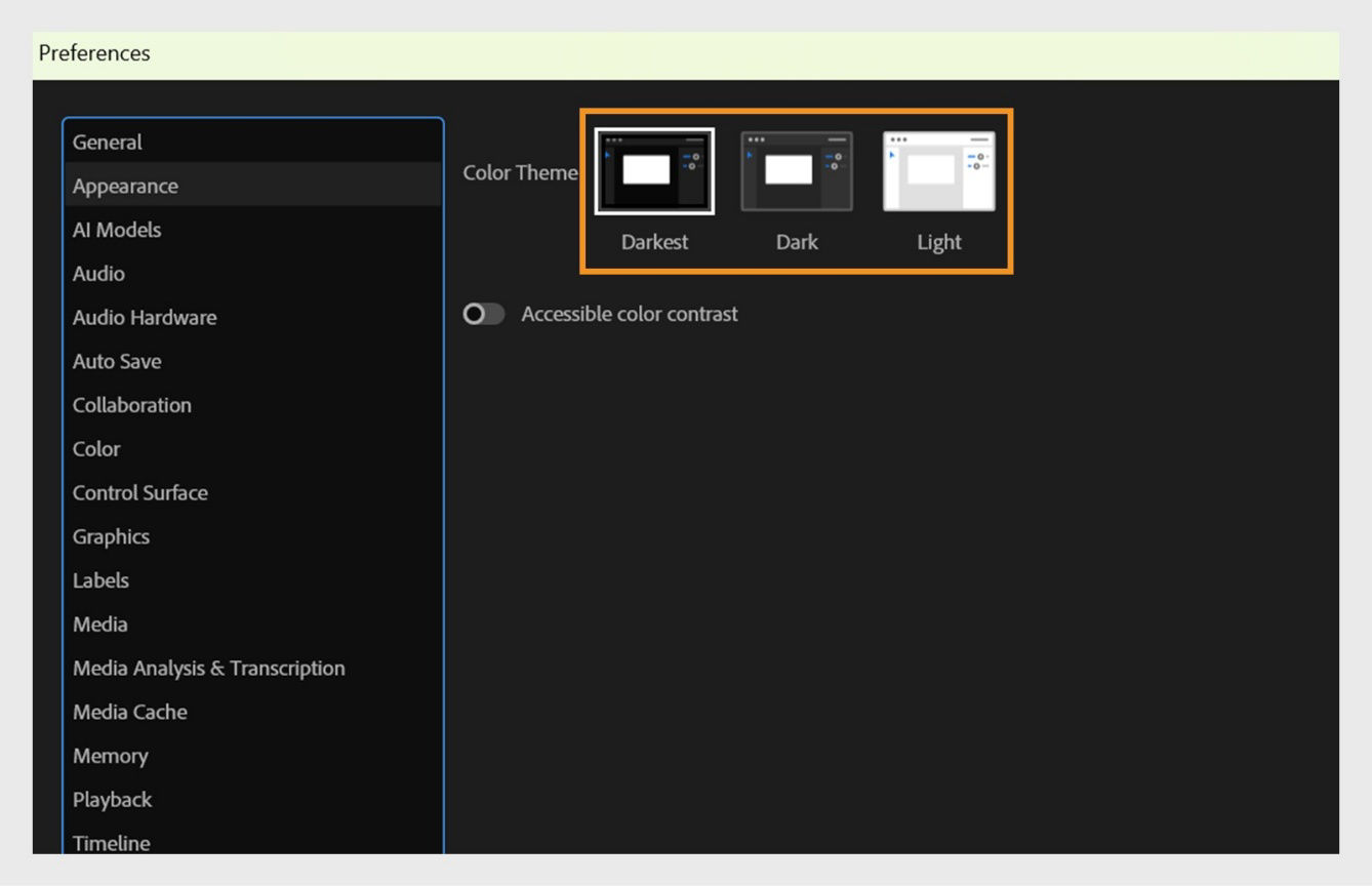 Preferences dialog is open and the Appearance panel displays options to change the color theme and the color contrast.