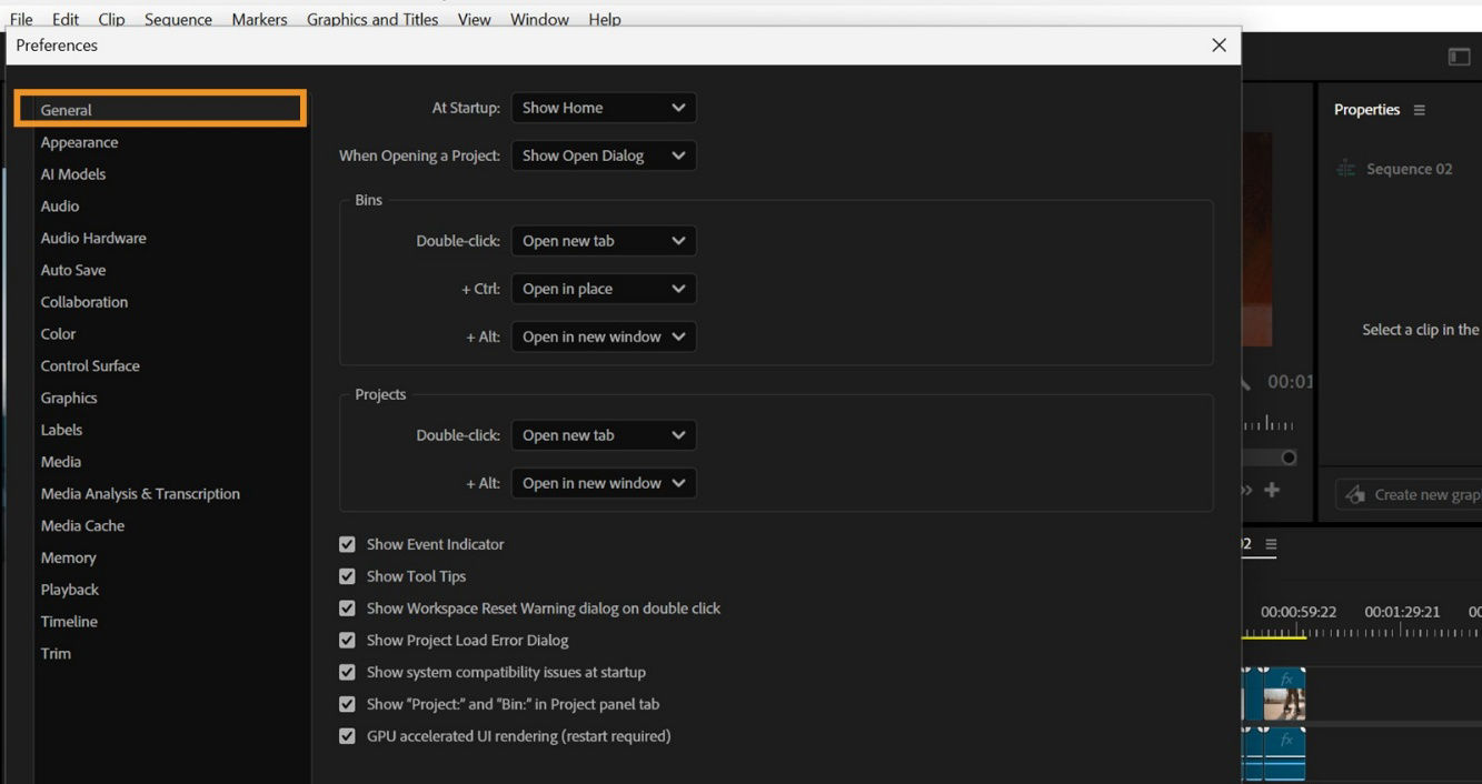 In the Preferences dialog box is open and the General option is highlighted. In the General panel, there are multiple settings to adjust including ones dedicated to Bins.