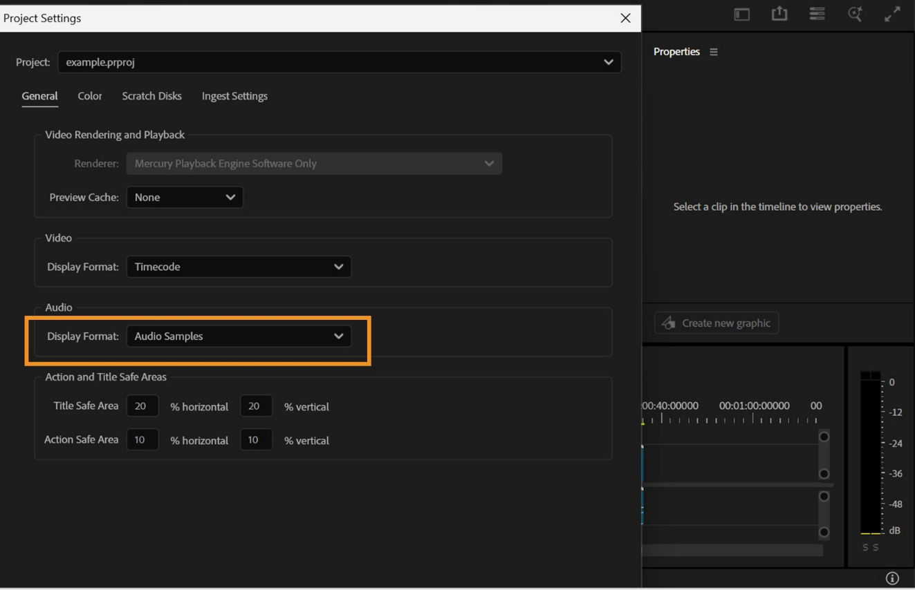 In the Project Settings dialog box, the Display Format option is highlighted under Audio.