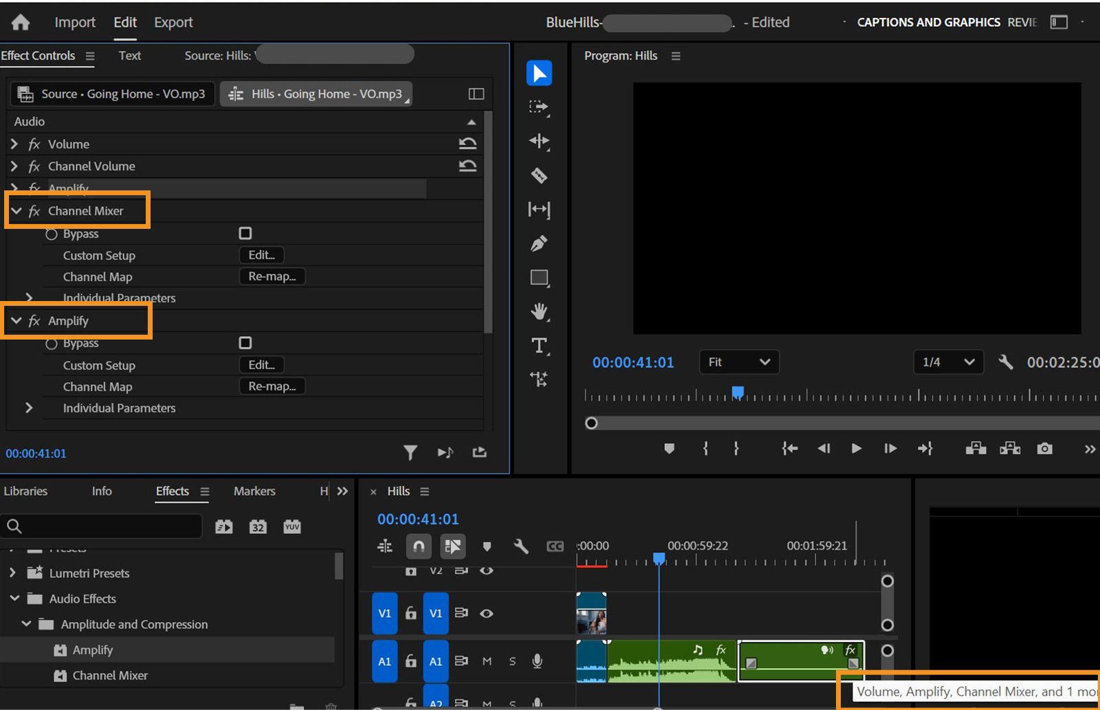 In the Timeline panel, a selected clip displays its applied effects. In the Effect Controls Panel, Channel Mixer and Amplify are highlighted for removal.