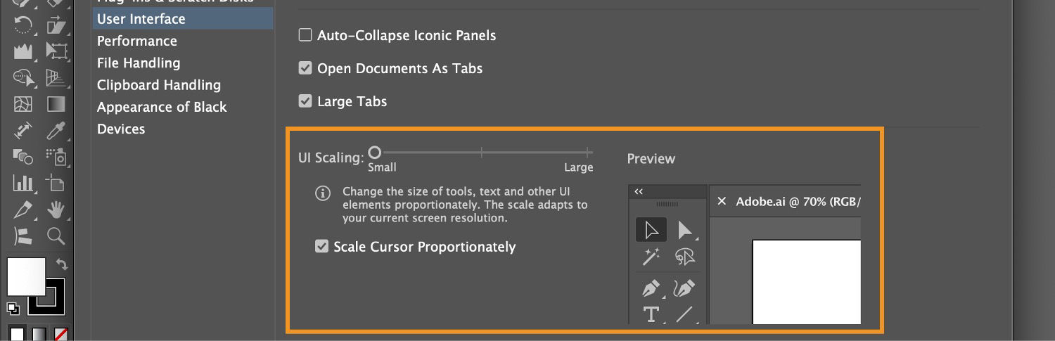 In the User Interface tab, the UI Scaling section is highlighted, where the UI scaling slider is set to Small, Scale Cursor Proportionately is checked, and a preview of the user interface is displayed.	