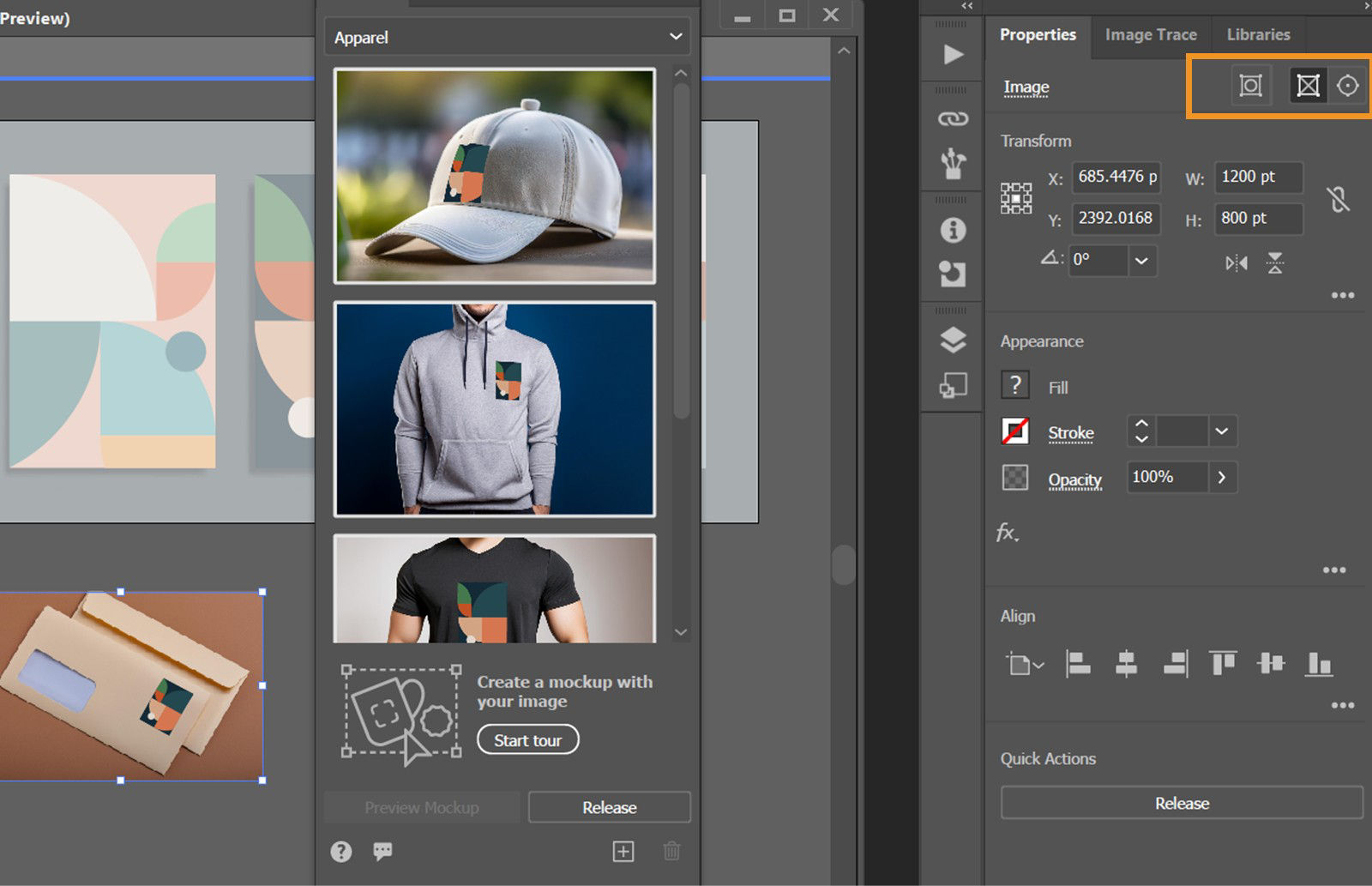 In the properties panel, the Edit Mockup Group, Edit Image, and Edit Content icons are highlighted.