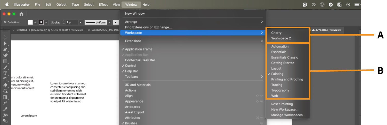 In the workspaces tab, predefined workspaces and workspaces created by you are highlighted.