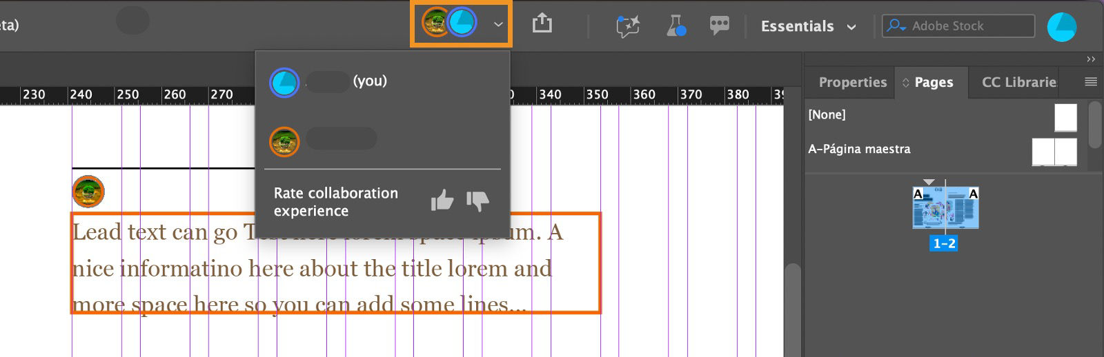 InDesign Application bar with the profile icon highlighted and its menu open, showing your name and a Rate collaboration experience option with thumbs up and thumbs down icons.