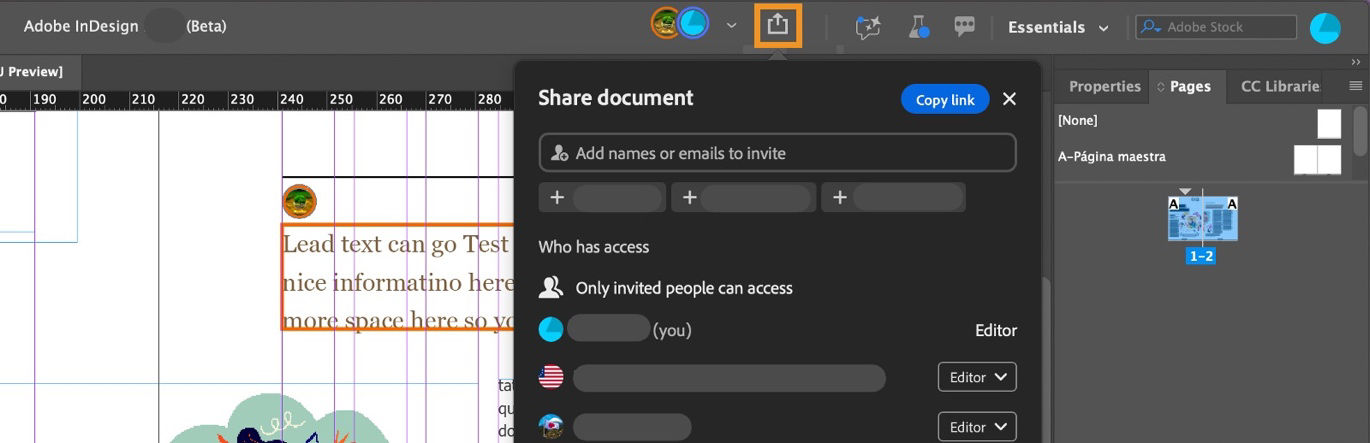 InDesign Share document dialog opened from the highlighted Share icon, with an invite field, a Copy link button, and an access list showing you and six collaborators as editors.