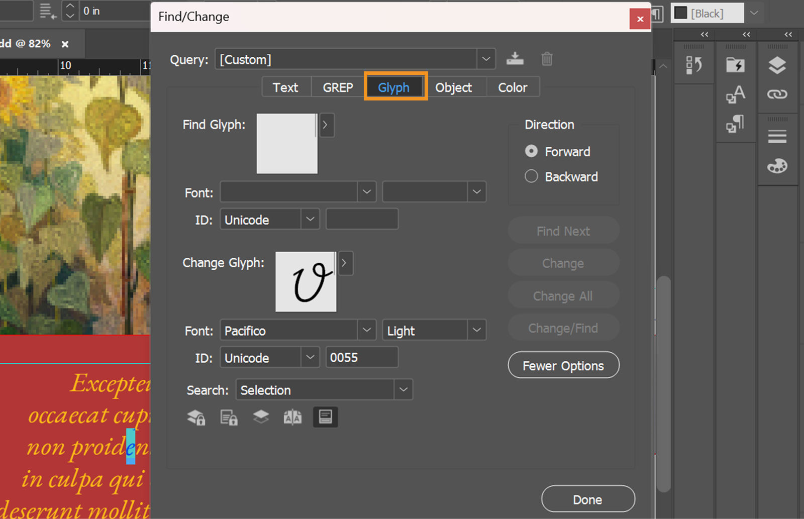InDesign workspace with the Find/Change dialog box open and the Glyph tab highlighted.