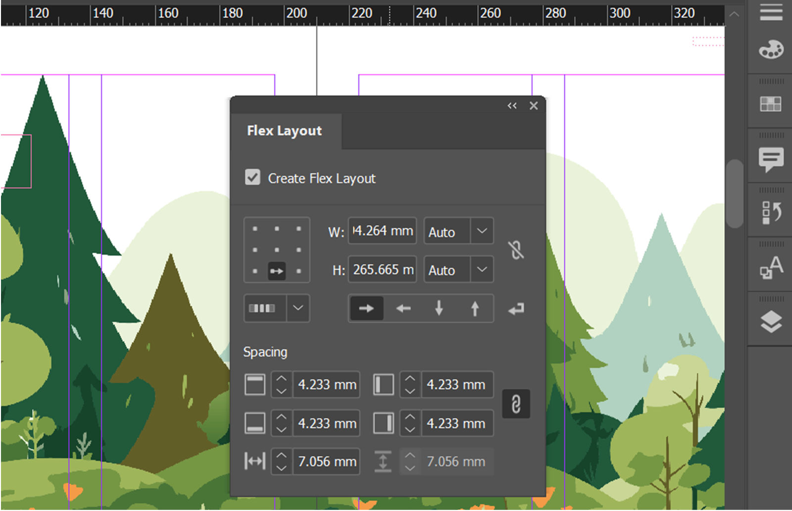 InDesign workspace with the Flex Layout panel showing the properties for adjustment, opened over a converted flex container. 