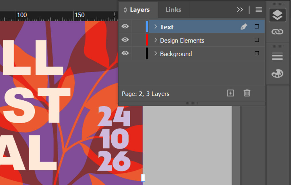 InDesign workspace with the Layers panel open, displaying three layers: Text, Design Elements, and Background.