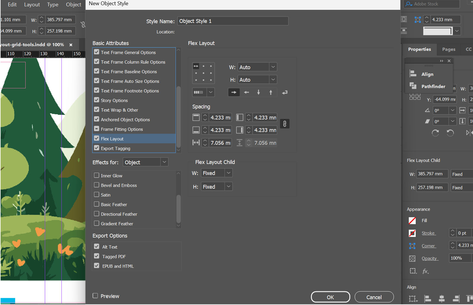 InDesign workspace with the New Object Style dialog box opened, Flex Layout selected, and its style settings displayed. 