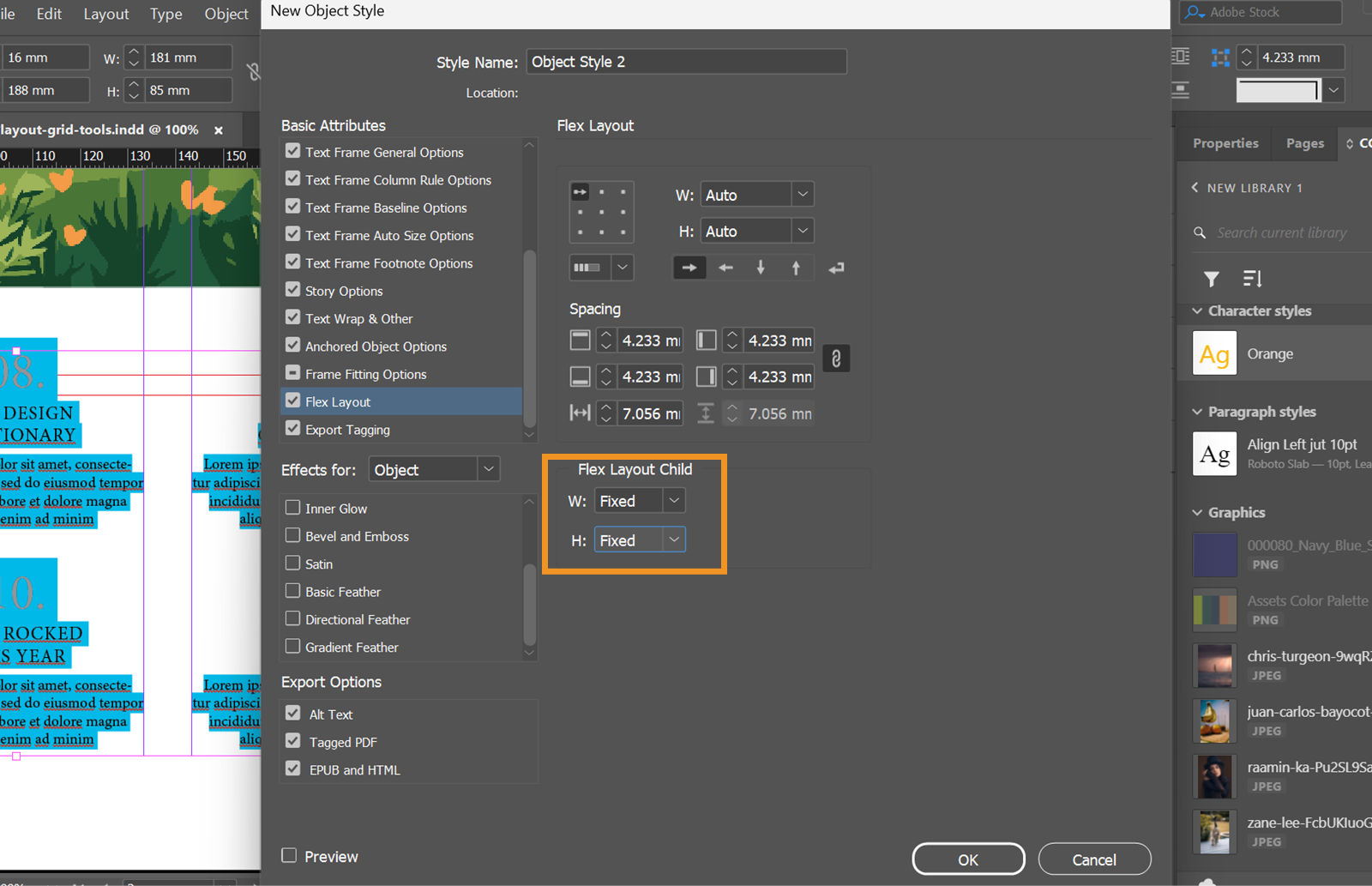 InDesign workspace with the Object Style Options dialog box opened and the Flex Layout Child properties highlighted. 