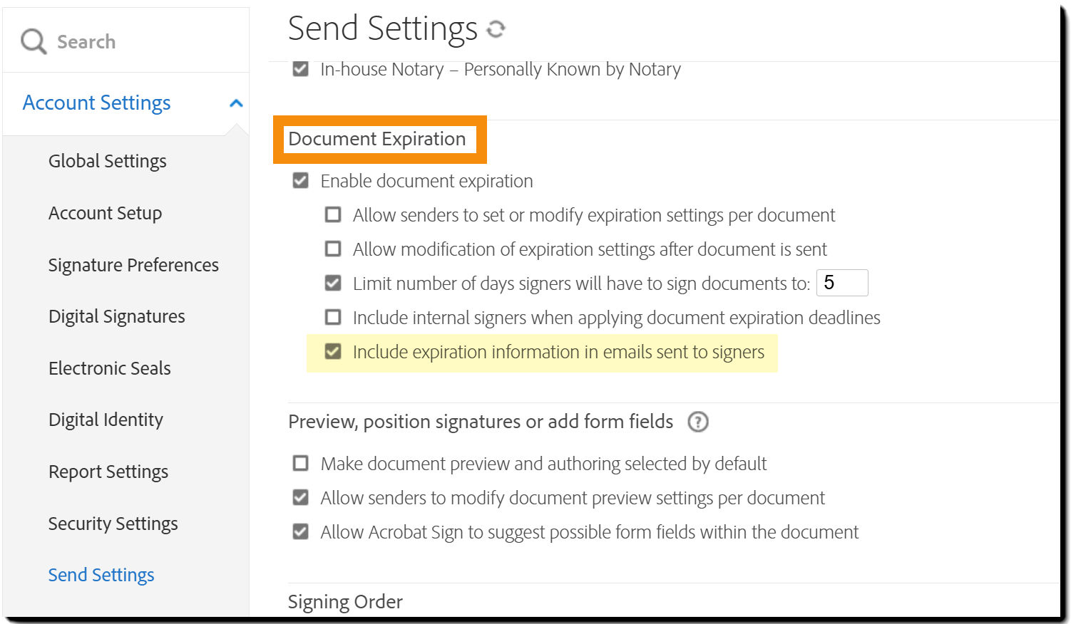 The Document Expiration controls on the Send Settings page with the "Enable document expiration" option highlighted.