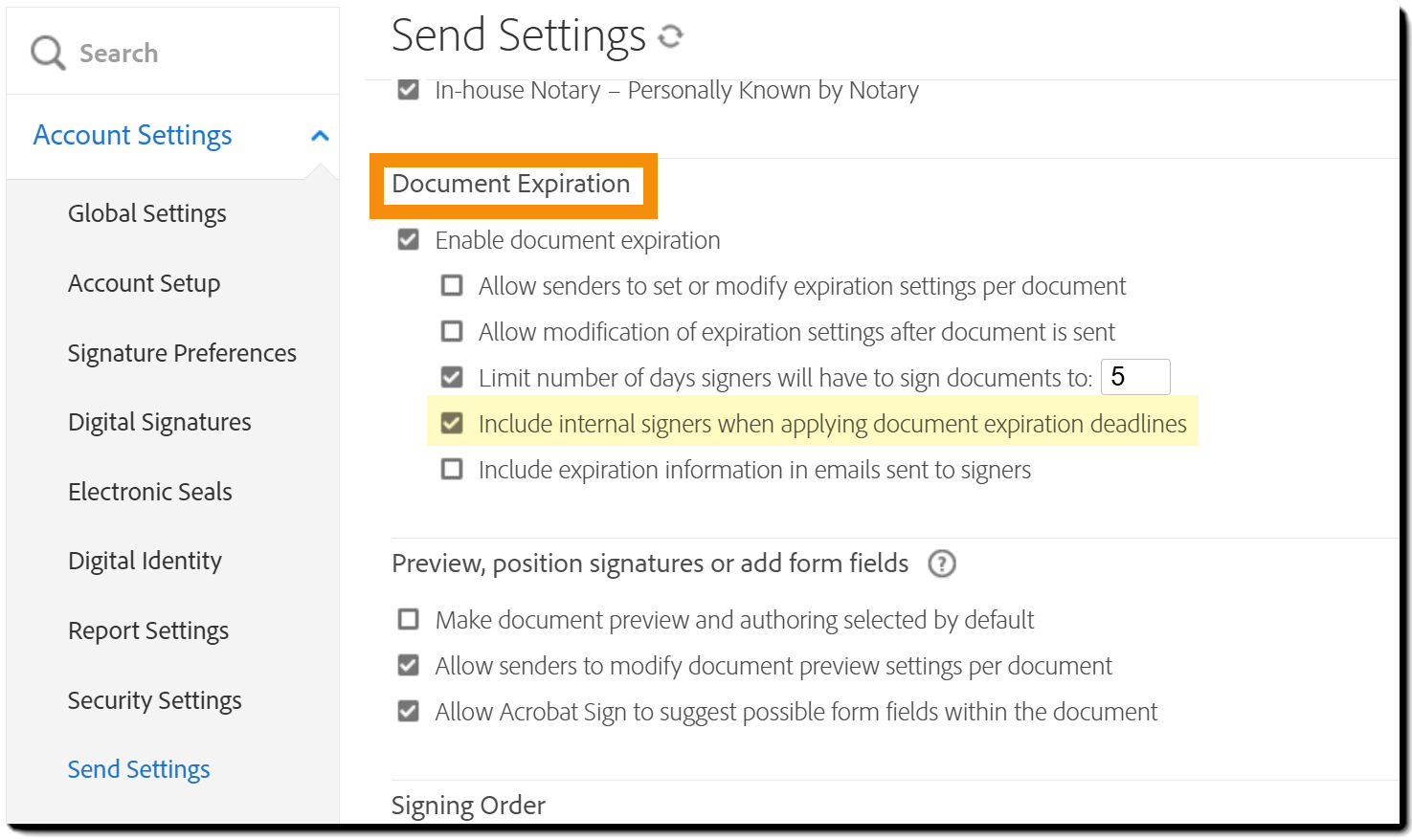 The Document Expiration controls on the Send Settings page with the "Enable document expiration" option highlighted.