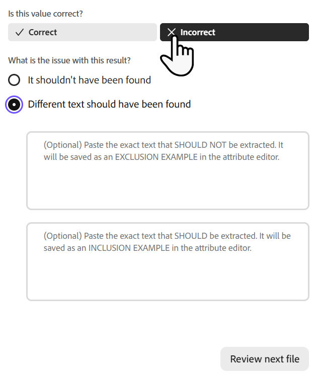 The "Is this value correct" input panel when Incorrect is selected.