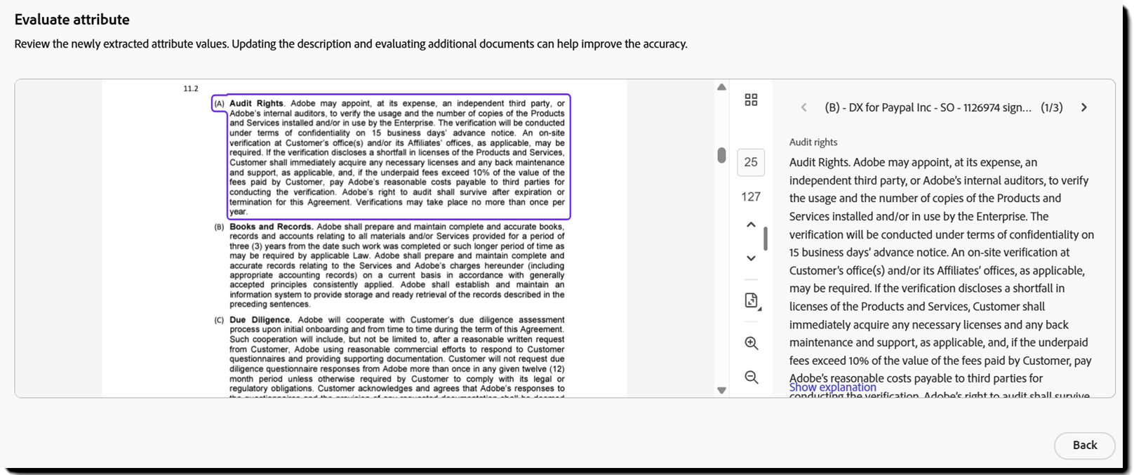 The document citation with the in-document location highlighted and the text of the extraction beside it.