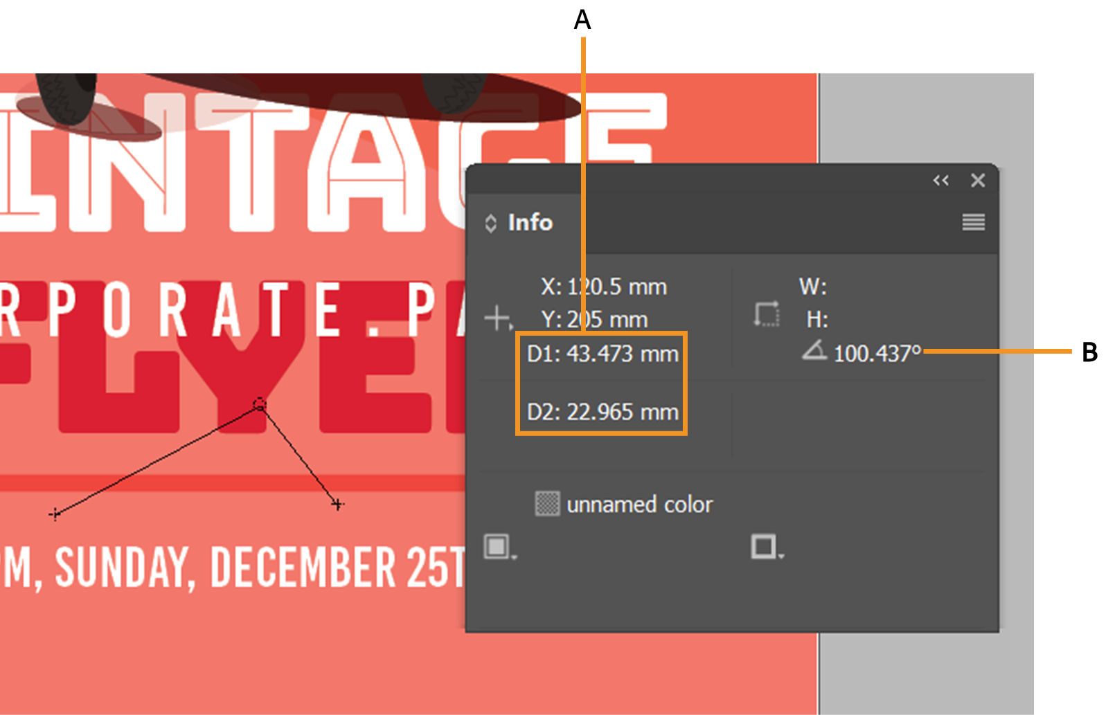 Info panel with callouts for the D1 and D2 line lengths of the custom angle and the rotation in degrees.