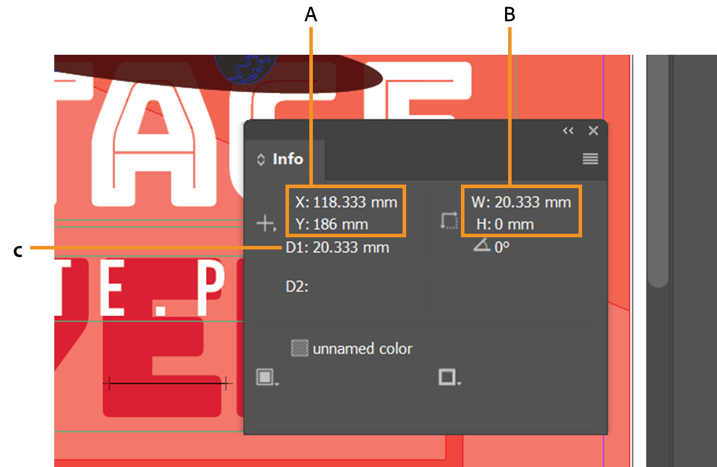 Info panel with callouts for the cursor coordinates, width and height measurements, and distance from the starting point.