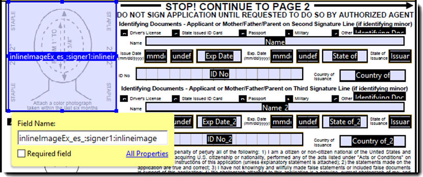 Adding the Inline Image text tag to the Acrobat Field name