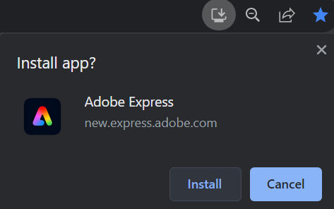 Screen shows Adobe Express open on a Chrome browser with the "Install" icon selected, giving an option to Install Adobe Express PWA on desktop.