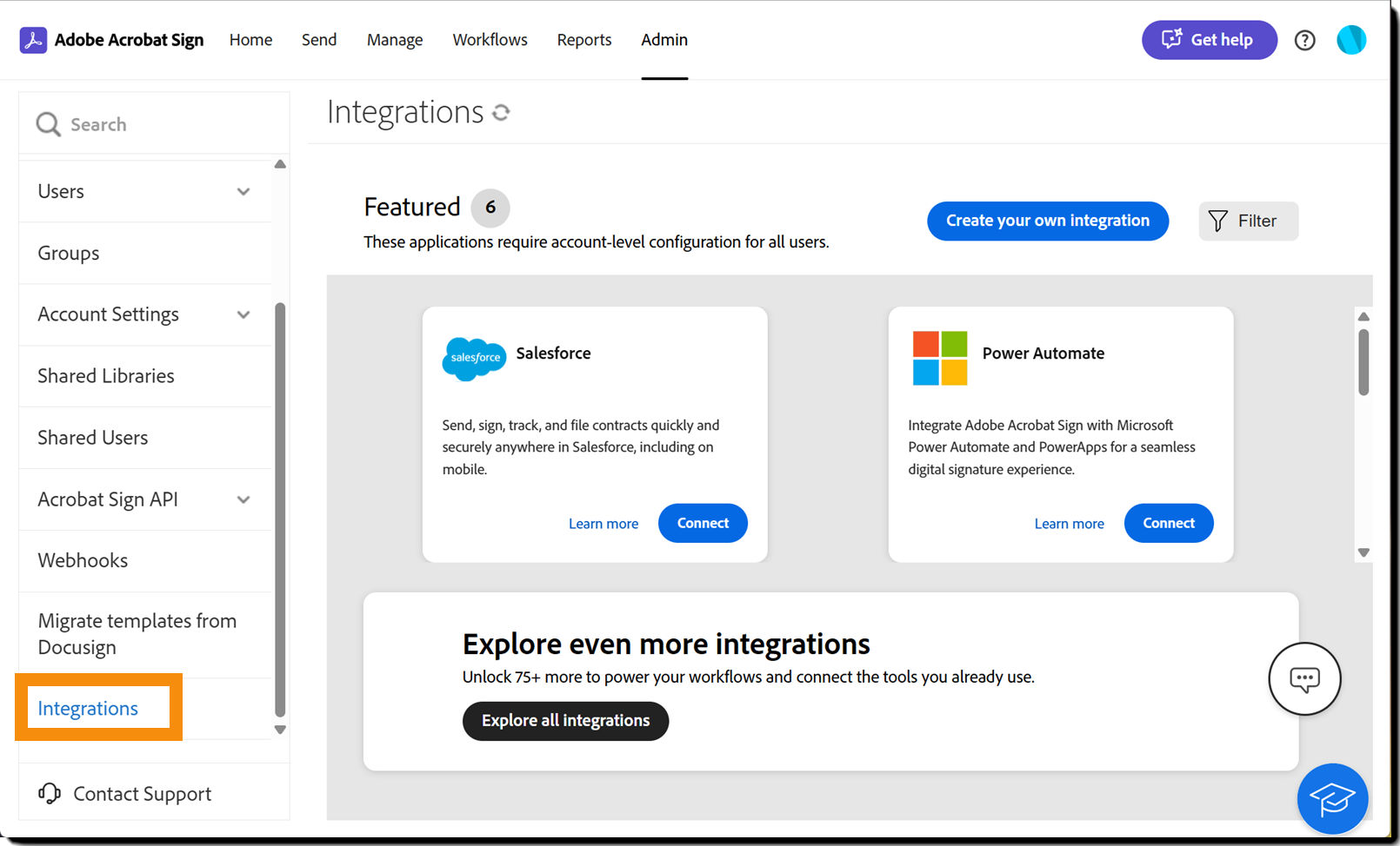 The Integrations sub-menu in the Admin menu list.