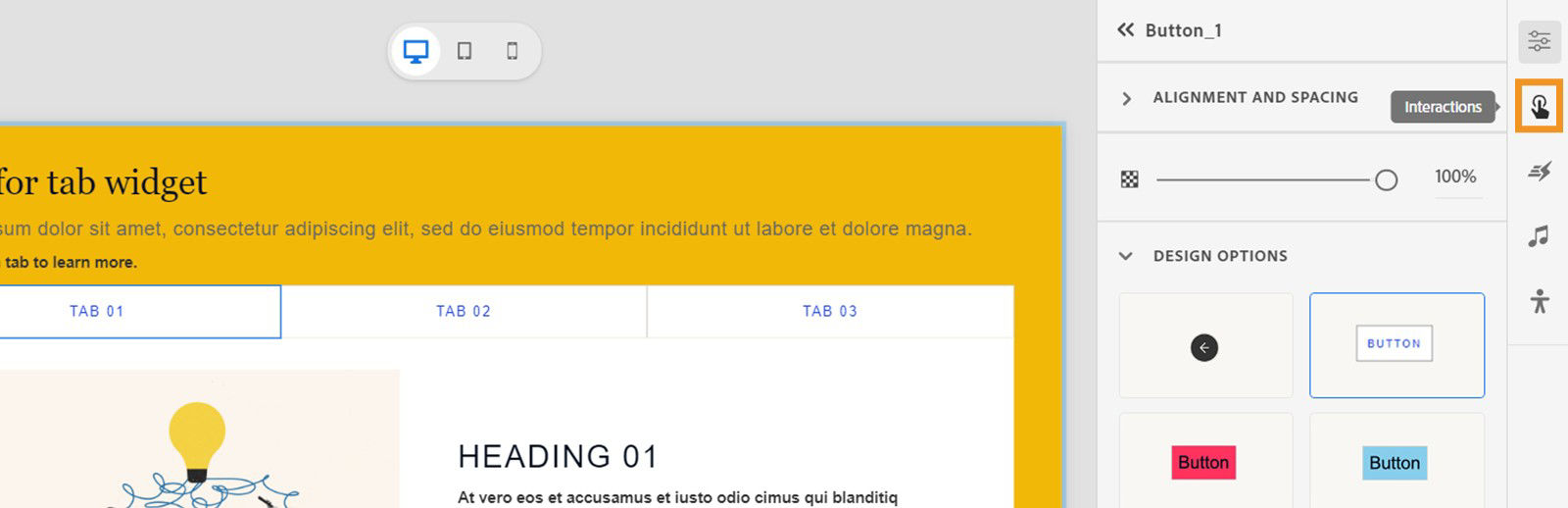 Select a tab in the Tab widget and select Interactions from the Properties panel