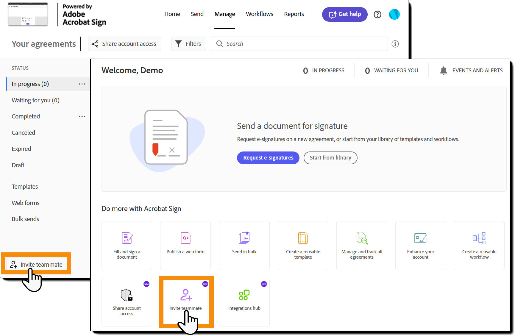 The Home and Manage pages highlighting the Invite Teammaate buttons.