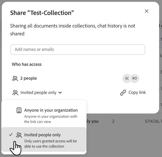 Collection link access set to Invited people only.