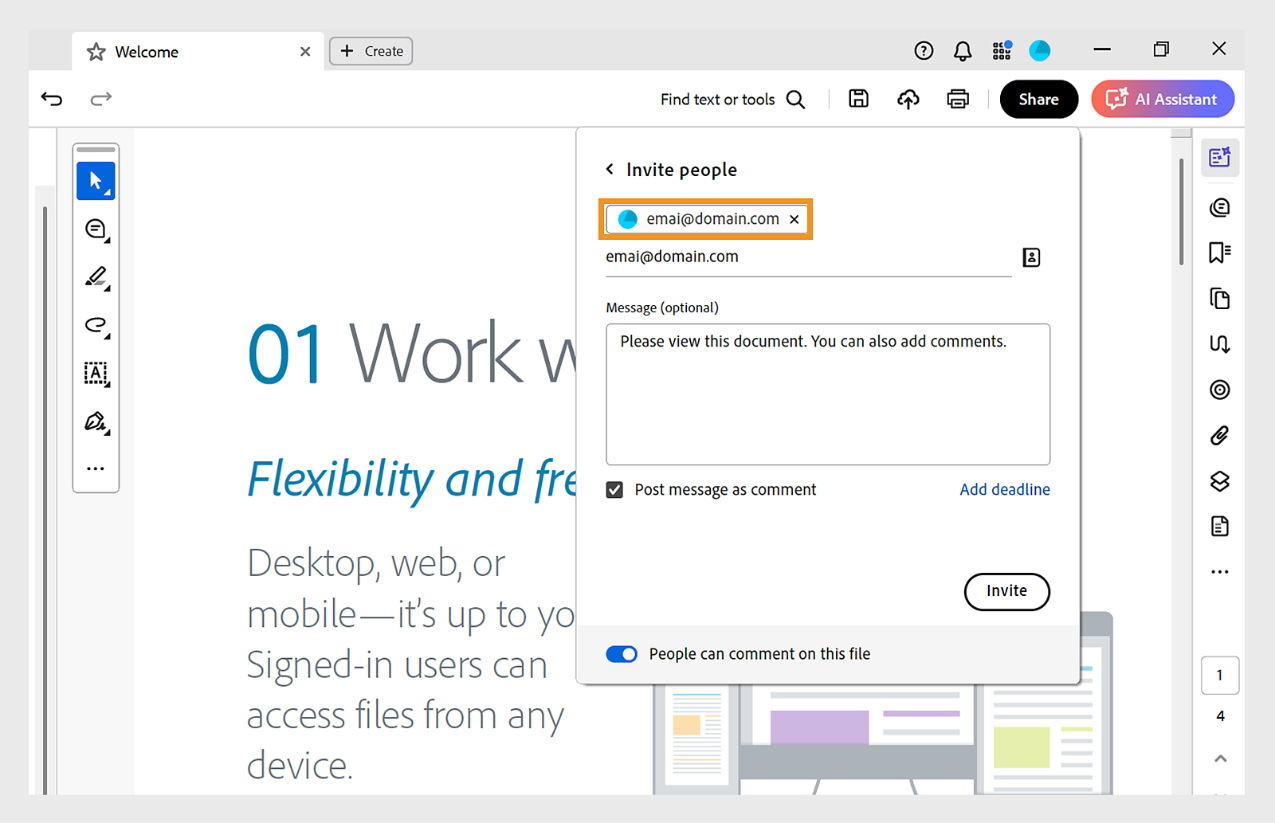 Invite specific individuals to view or comment on the shared PDF.