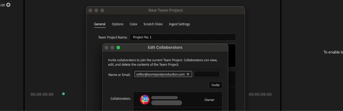 The Edit Collaborators dialog box is open and there are options to invite new collaborators in a new Team Projects.