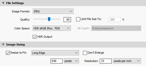 File Settings and Image Sizing in the Lightroom Classic CC Export dialog box