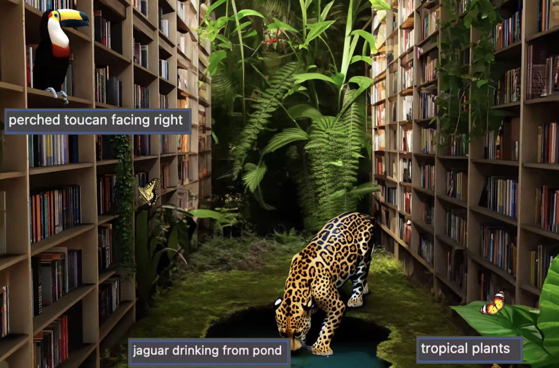 A leopard drinking water in a libraryDescription automatically generated
