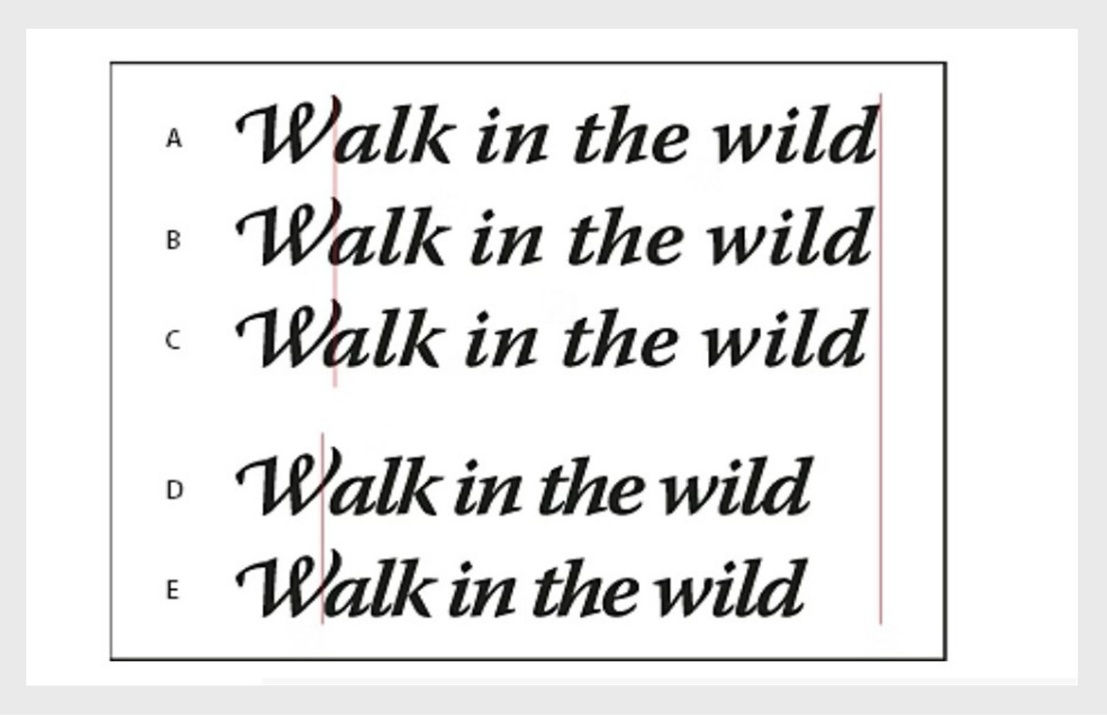 Kerning and tracking options
A. Original text B. Text with optical kerning C. Text with manual kerning between W and a D. Text with tracking E. Cumulative kerning and tracking 