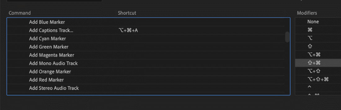 Keyboard Shortcuts dialog with the Command column and a list of commands for marker colors.