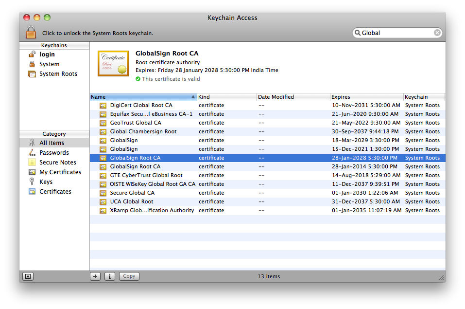 GlobalSign Root CA certificate in Mac OS