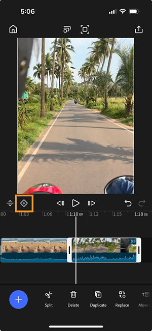Keyframe button highlighted in the timeline controls.