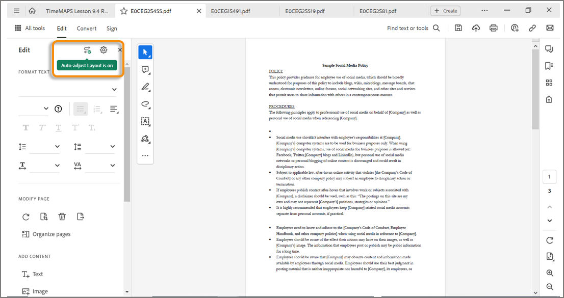 Auto-adjust layout is turned on prompt