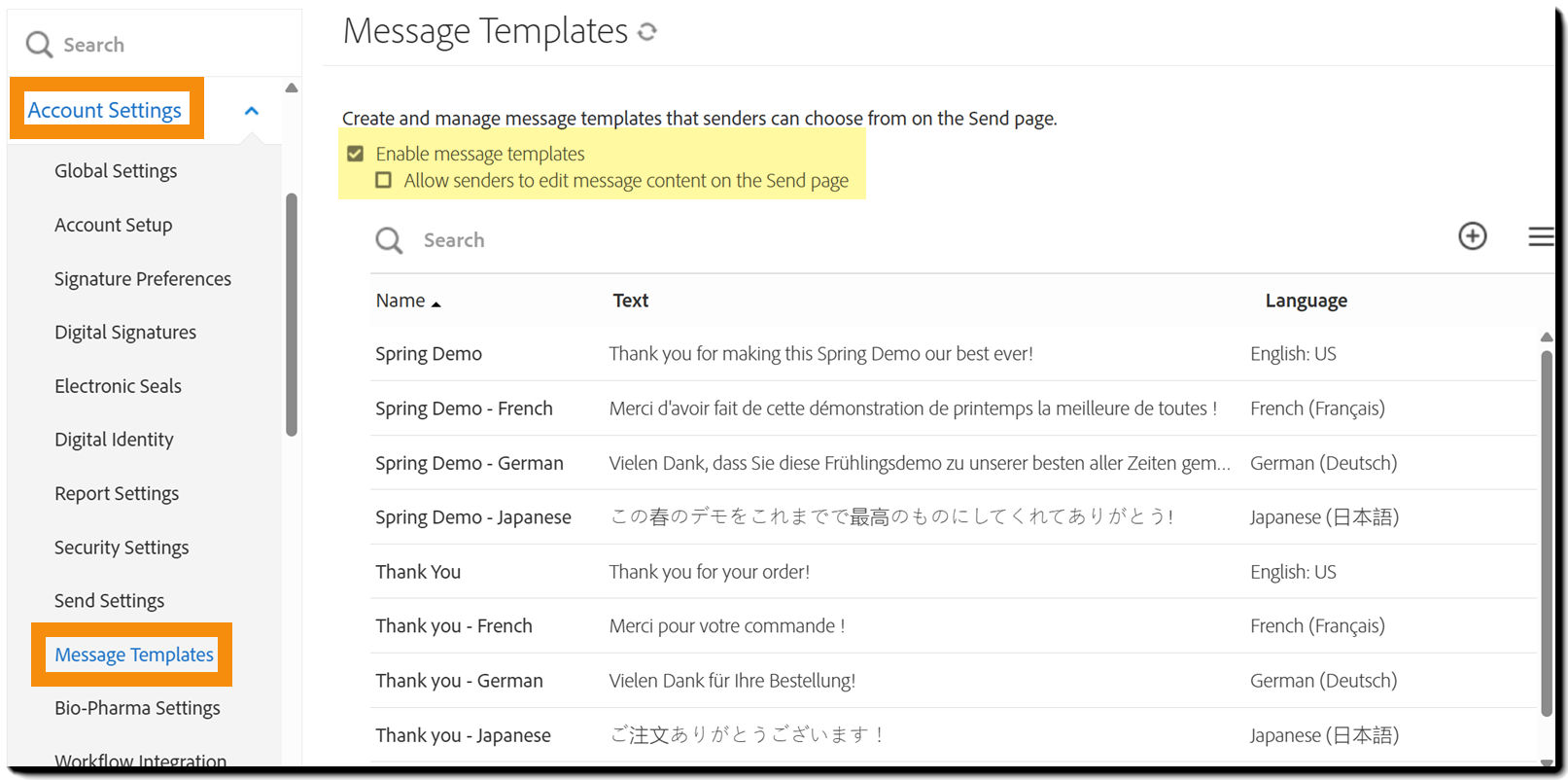 The Admin menu highlighting the Message Templates option