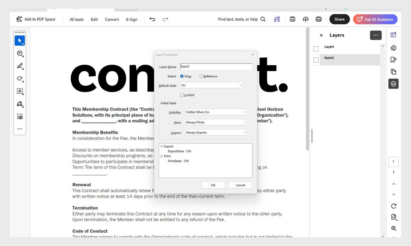 Layer Properties dialog box in Acrobat showing layer options and settings.