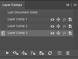 Layer comps menu in the properties panel in Adobe Photoshop diaplying list of layers comps with dedicated options.